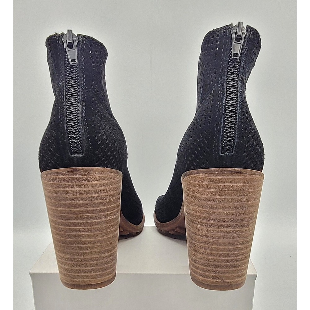 Lucky Brand Vacob Black Suede Perforated Open Toe Ankle Booties Block Heel 7 M - Picture 4 of 9